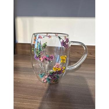 Imagem de Caneca Xícara de vidro duplo com flores artificiais no interior 350ml (02-D)