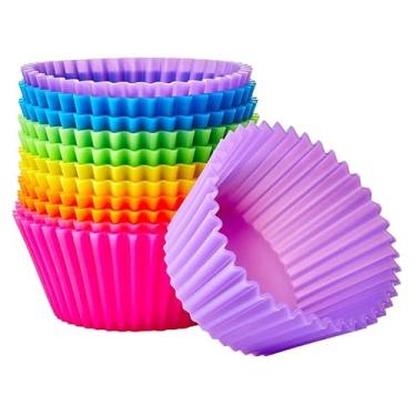 Imagem de Pacote com 12 copos redondos de silicone reutilizáveis, forros de cupcake de silicone para assar, copos de 7 cm e forros de muffin antiaderentes para festa de Halloween, Natal, 6 cores arco-íris
