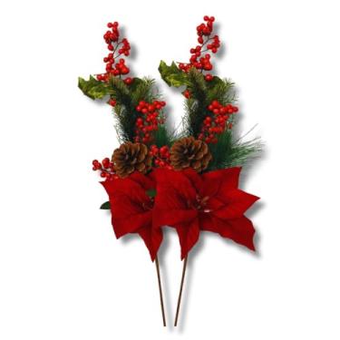 Imagem de Kit com 2 Enfeites Natalinos Flor Vermelha, Pinha e Frutinhas | Galho Decorativo Realista 63cm para Árvore, Guirlanda e Arranjos | Decoração de Natal e Festas de Final de Ano