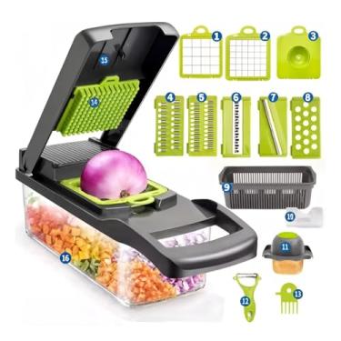 Imagem de Cortador e Processador Manual 16 em 1 de Legumes, Verduras, Frutas e Queijos - Picador, Fatiador, Ralador Multifuncional com Recipiente, Acessórios de Cozinha Prática e Segura