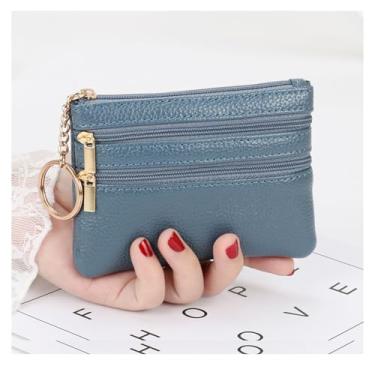 Imagem de Porta-moedas, carteira feminina compacta de couro com zíper - Mini carteira com chaveiro - organizador de bolso para cartões, dinheiro, identidade, Azul escuro
