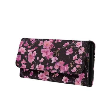 Imagem de Jolamirel Carteiras femininas finas de couro macio com três dobras com compartimentos para cartões, porta-cartões floral, organizador de telefone, bolsa de moedas com zíper, Primavera rosa cereja