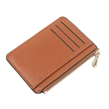 Imagem de Bolsa de cartão com zíper, compartimento de cor pura, bolsa curta, porta-moedas de poliuretano, masculina e feminina, Marrom, Tendência