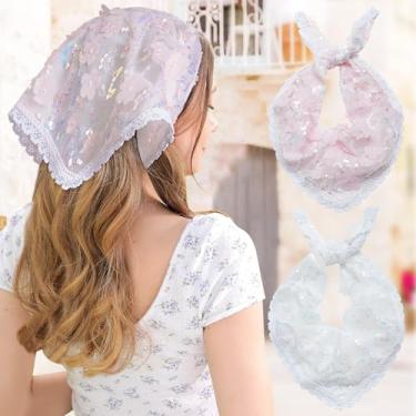 Imagem de Faixa de cabelo floral com nó para mulheres - 2 peças de lenço de cabeça triangular ajustável bandana acessório de cabelo amarrado, branco + rosa