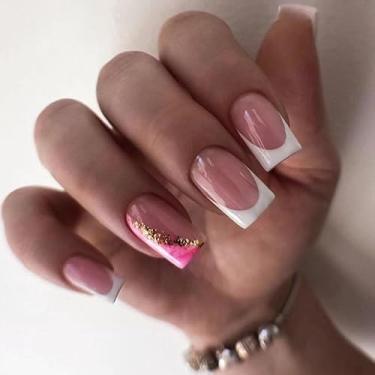 Imagem de Kit de unhas de pressão quadradas médias francesas brancas falsas com design moderno vermelho rosa capa completa prensa acrílica artificial bastão falso em unha para mulheres, uso diário, casamento