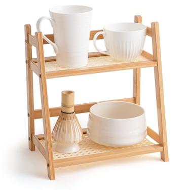Imagem de Yalikop 1 peça prateleira de estação matcha de 2 camadas de bambu suporte de caneca de café rack de armazenamento de bancada, copo de escritório de vime de camada dupla, cozinha, chá, planta