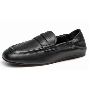 Imagem de U-lite Mocassins femininos mocassins, sapatos náuticos de couro legítimo, bico largo, mocassin, mules, bidirecional, macio e confortável, Preto, 39