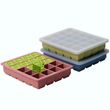 Imagem de Bandeja de silicone para cubos de gelo de grau alimentício com tampa hermética, perfeita para armazenar alho, ervas, gengibre, pesto, pasta de tomate, limão, purê e mais (pacote com 3)