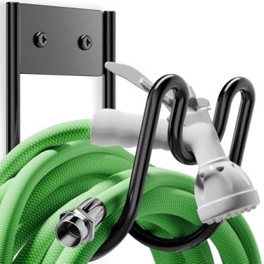 Imagem de Suporte de mangueira de jardim de metal preto - Suporte de mangueira de água montado na parede - Gancho de mangueira resistente para mangueira de água, cabos de extensão, mangueira a vácuo (pacote com