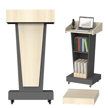 Imagem de Suporte de pódio de madeira - Pódio de igreja e púlpitos com grande armazenamento de 2 níveis, palito de madeira para escola, suporte de anfitriã, escritório