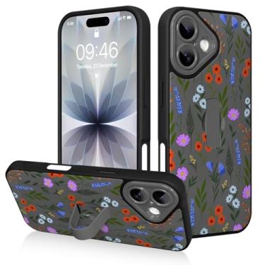 Imagem de AIGOMARA Capa para iPhone 17 com suporte de alça de dedo, design de estampa floral fofa para mulheres e meninas, capa protetora à prova de choque antiarranhões com suporte de mão, preta