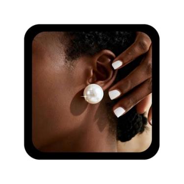 Imagem de Allereyae Brincos vintage de pérolas redondas grandes brincos de noiva de pérola branca brincos de pérolas de botão grande brinco de pérolas minimalistas brincos de pérolas redondas pendentes de