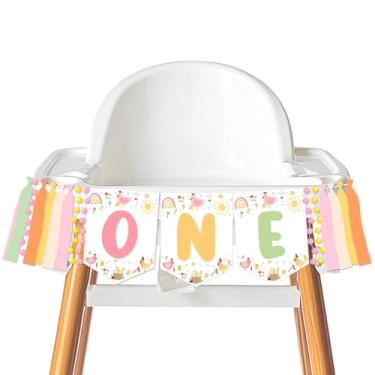 Imagem de Faixa de cadeira alta para pintinho, decoração de 1º aniversário, colorido, arco-íris, floral, com borla, animal de fazenda, este pintinho é uma decoração de festa para festa de primeiro aniversário