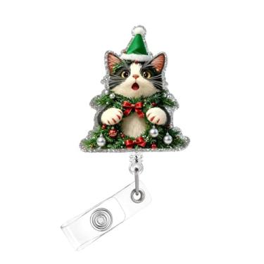 Imagem de Carretel de crachá de Natal, crachá de acrílico de gato fofo para crachá de identificação, suporte de crachá retrátil telescópico divertido, acessórios de clipe de jacaré para enfermeiras