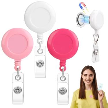 Imagem de Pacote com 3 molinete magnético retrátil para crachá de 3,18 cm, suporte de crachá de plástico rosa, clipe retrátil para crachá de enfermeira com cordão de 61 cm para camisa, professor, médico