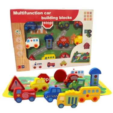 Imagem de Brinquedo Educativo Montessori de Madeira – Blocos de Montar com Veículos e Pista Colorida 29x21cm, 12 Peças com Corda 90cm – Carros, Sinais e Trem Infantil para Coordenação Motora e Aprendizado
