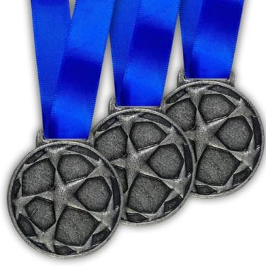Imagem de Kit 5 Medalhas Para Futebol Premiação Liga dos Campeões para Esporte Com Fita Azul (prata)