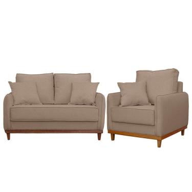 Imagem de Kit Poltrona E Sofa Sena 2 Lugar Base De Madeira Para Sala Hotel Linho Marrom