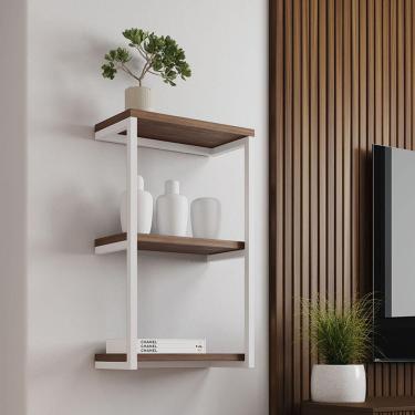 Imagem de Nicho De Parede Industrial Para Quarto 3 Prateleiras Milão - Branco E Imbuia - Preto