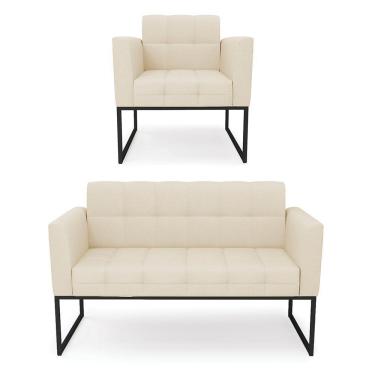 Imagem de Kit 1 Sofá Namoradeira E 1 Poltrona Elisa Linho Bege A19 Base Metálica Industrial Preto - D'rossi