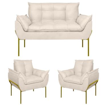 Imagem de Kit 02 Poltronas Opala + Namoradeira Base Metal Dourada Bege