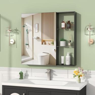 Imagem de ANYHI Armário de espelho de banheiro preto de 76,2 x 71,1 cm, cabine de espelho de parede de banheiro de porta única com armário de armazenamento aberto, 4 prateleiras de armazenamento ajustáveis