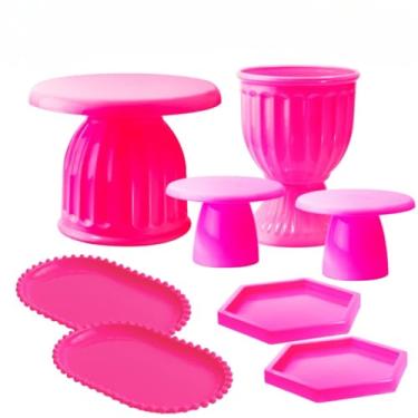 Imagem de Kit Boleira Festa E Bandeja, Kit Moderno Boleira Romana 17cm, 1 Vaso Romano, 2 Mini Slim, 2 Bandeja Perola Oval, 2 Mini Sextavadas(Pink)