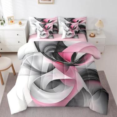 Imagem de Conjunto de cama de 7 peças, rosa, cinza, preto, abstrato, geométrico, espiral, moderno, com lençol solteiro, listra abstrata, ombré, fluido, em uma bolsa, estilo minimalista, arte contemporânea