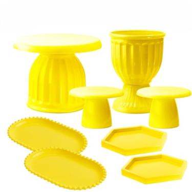 Imagem de Kit Boleira Festa E Bandeja, Kit Moderno Boleira Romana 17cm, 1 Vaso Romano, 2 Mini Slim, 2 Bandeja Perola Oval, 2 Mini Sextavadas(Amarelo Canário)