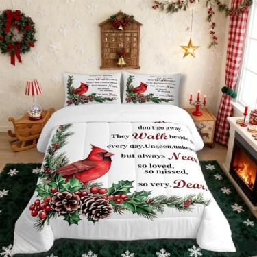 Imagem de Jogo de cama solteiro, cardeal vermelho, pássaros, azevinho, pinhas de azevinho, fruta, poinsétia, animal rústico, para meninas, meninos, adolescentes, branco, vermelho, verde, decoração de quarto