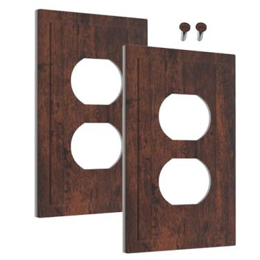 Imagem de Wmhusu Capas de tomada marrom vermelho rústico grão de madeira retrô fazenda 1 gangue placa de cobertura de interruptor de luz dupla placas decorativas de parede placa elétrica receptáculo para