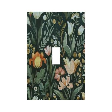 Imagem de DWBGUO Capa decorativa de placa de interruptor com design rústico de tulipas de folha de planta verde 1 placa de parede de gangue capas de interruptor de luz única única placa frontal elétrica jumbo
