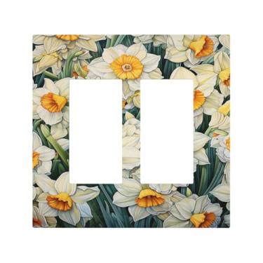 Imagem de Nadoabtm Capas de tomada decorativas simples campo branco flor floral 2 gangues duplo GFCI balancim painéis de parede elétricos placa de cobertura de interruptor de luz para decoração de quarto e