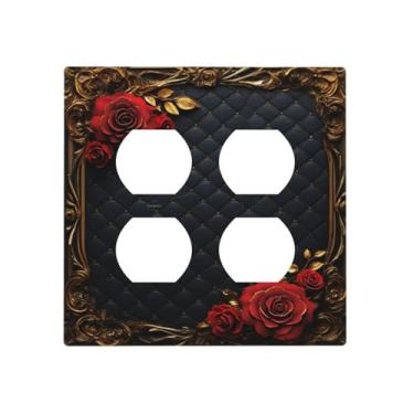 Imagem de Placa de cobertura de interruptor de luz rosa vermelha floral vintage ouro barroco luxo 2 Gang Duplex capas de tomada GFCI placas decorativas placas de parede para decoração de cabana de fazenda