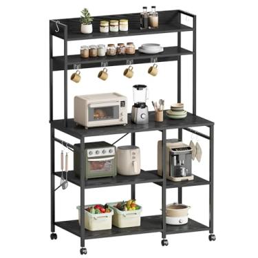 Imagem de YeTom Rack de cozinha com armazenamento, suporte de micro-ondas com rodas, com prateleiras ajustáveis, prateleiras de cozinha, cafeteria com 10 ganchos em forma de S, 90 x 40 x 160 cm, preto
