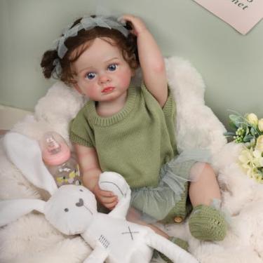 Imagem de Bebê Reborn Boneca Menina Realista Pintado Original Corpo de Silicone 55cm Olhos Azuis Com Acessórios