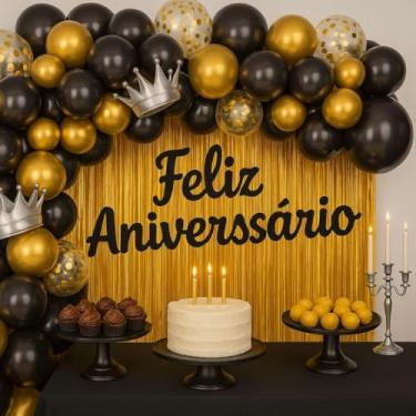 Imagem de Kit Decoração de Festa Completo Feliz Aniversário com Balões Bexigas Cortina Metalizada e Arco Desconstruído – 117 ou 26 Peças (Dourado e Preto (117 pçs))