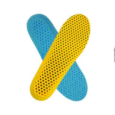 Imagem de Palmilha Ortopédica Anatômica, Colmeia Respirável em EVA e Espuma de Memória, Unissex, Azul e Amarelo, 30x9,5cm, Ajustável com Molde de Corte