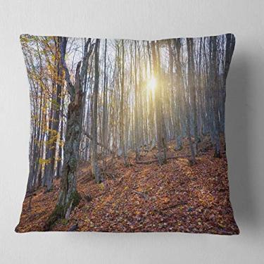 Imagem de Designart Setting Sun in Dense Fall Modern Forest Throw Sala de estar, sofá, enchimento de almofada + capa de almofada impressa em ambos os lados 66 x 66 cm