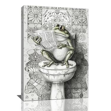 Imagem de Sapo engraçado decoração de banheiro arte de parede sapo preto e branco imagens vintage pintura em tela arte decoração emoldurada presentes para mulheres menina banheiro 40,6 cm x 61 cm