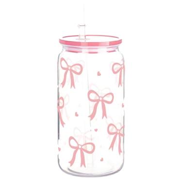 Imagem de LUMINFLY Caneca de vidro com laço rosa com tampa e canudo, talheres transparentes para bebidas frias, chá de leite, suco e mais