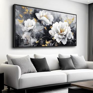 Imagem de PHAOHUAXM Arte de parede grande em tela emoldurada para sala de estar, decoração de parede para quarto, pintura de parede abstrata, lavar com tinta, flores brancas com molduras pretas, decoração de
