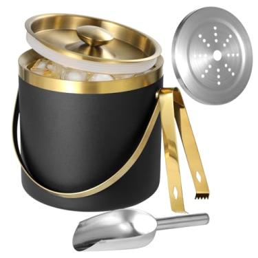 Imagem de Balde de gelo de aço inoxidável de parede dupla com tampa de vedação, colher, pinça e filtro – Caixote de gelo de metal 3L para champanhe, cerveja e mais