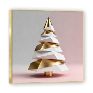 Imagem de Moldura dourada. Arte moderna de presente de Natal, arte geométrica de árvore rosa empoeirada e dourada, tela emoldurada pronta para pendurar para uma casa de férias elegante. A27. 50 x 50 cm - 19,6 x