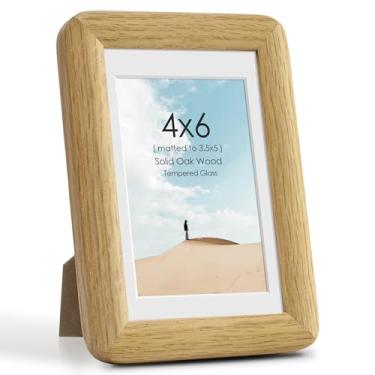 Imagem de Porta-retrato 10 x 15 cm, moldura de madeira de carvalho maciça com tapete para fotos de 9 x 12 cm ou 10 x 15 sem tapete, molduras de madeira 10 x 15 cm com vidro temperado, moldura curva de madeira