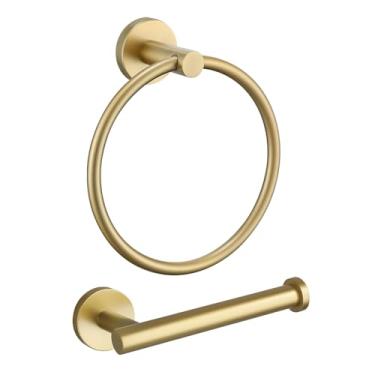 Imagem de Smowfes Conjunto de acessórios de banheiro dourado escovado - Suporte de papel higiênico e anel de toalha de mão montado na parede, aço inoxidável durável com acabamento em latão, kit de instalação de