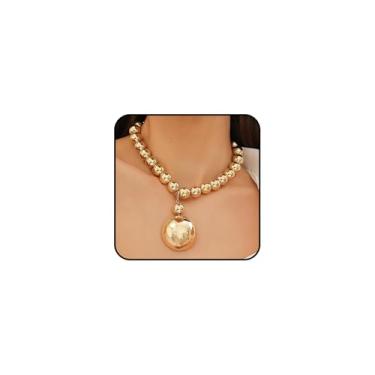 Imagem de Navirix Colar feminino com pingente de contas de ouro grosso, prata delicada, grandes contas redondas, colar Y2k, colar vintage dos anos 70, 80, joias, presentes, Large, Metal, Sem Pedra Preciosa