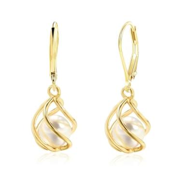 Imagem de Lindos brincos femininos banhados a ouro 18 quilates com pérola enjaulada com fecho de alavanca leve e seguro, confortável, pendurado, gota, estilo minimalista, joias finas presentes para ela