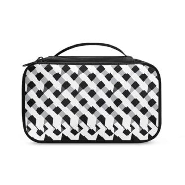 Imagem de Wdktrgetd Bolsa de maquiagem quadrada de viagem de poliéster resistente à água, organizador de cosméticos para viagens, casamentos, trabalho e festas, Tabuleiro de xadrez preto