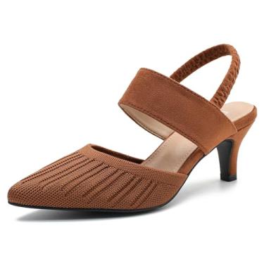 Imagem de Enelauge Sandália feminina de salto baixo de malha com tira elástica no tornozelo, bico fechado, bico fino, para casamento, formatura, Marrom, 38